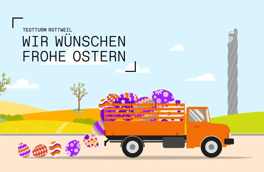 Comiczeichnung von LKW, der vor dem Testturm Ostereier verliert und Banner